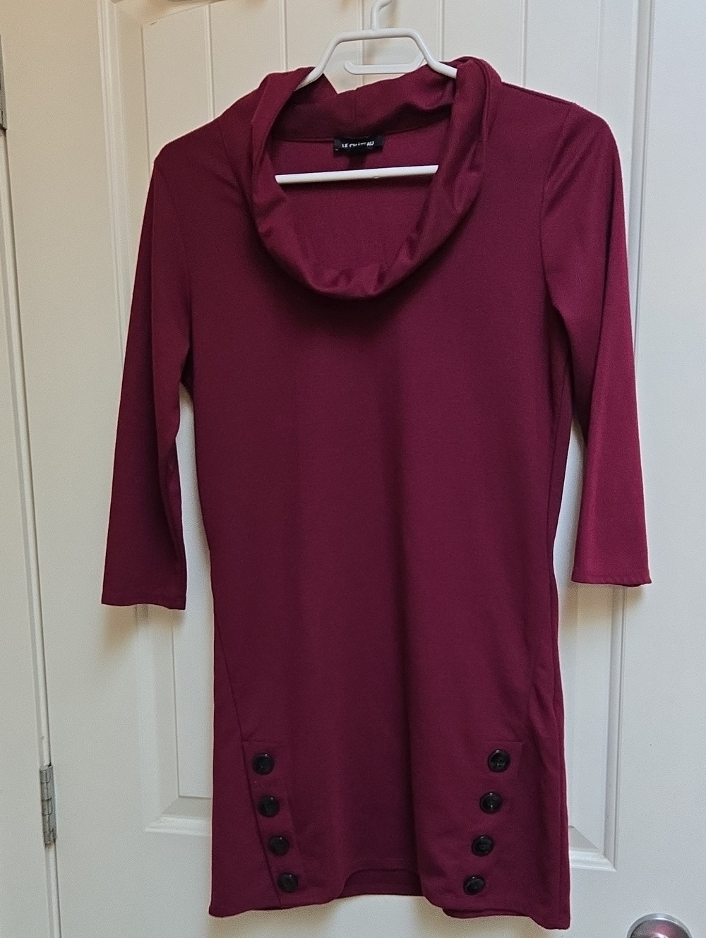 le chateau Burgundy Cowl Neck Tunic with Button Detail Medium 3/4 Sleeve